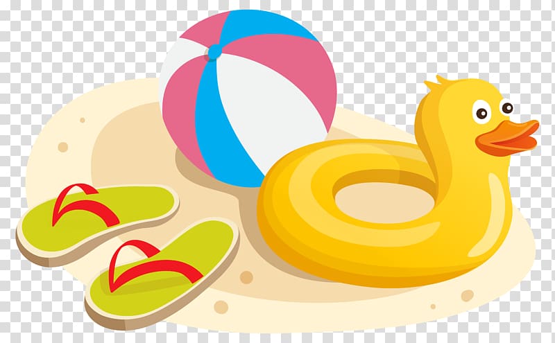 yellow duck swim ring, beach ball and pair of flip flops on sand graphic illustration, Flip-flops Swim ring , Duck Swim Ring Ball and Flipflops transparent background PNG clipart