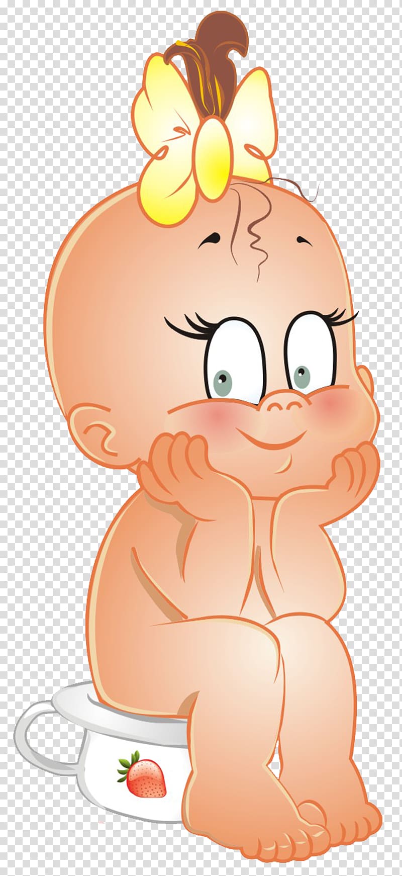 Infant Cartoon , Baby Girl with Yellow Bow Cartoon Free , toddler sitting on pot with hands supporting chin transparent background PNG clipart