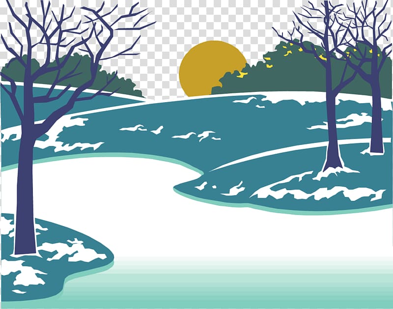 Cartoon Christmas , painted snow under the sunset transparent background PNG clipart