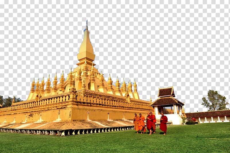 person standing near gold temple, Pha That Luang Haw Phra Kaew Wat Si Saket Luang Prabang Chiang Mai, Thailand Golden temple scenery transparent background PNG clipart