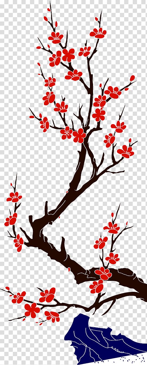 China Plum blossom, Creative hand-painted red plum tree branch transparent background PNG clipart