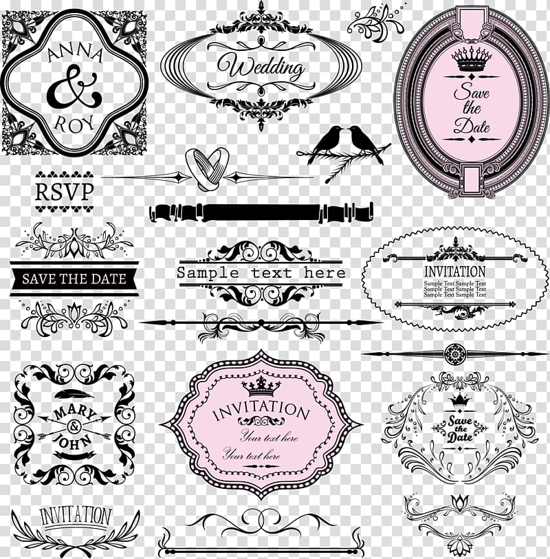 assorted logo's illustration, Wedding invitation Calligraphy Marriage, European vintage lace invitations transparent background PNG clipart