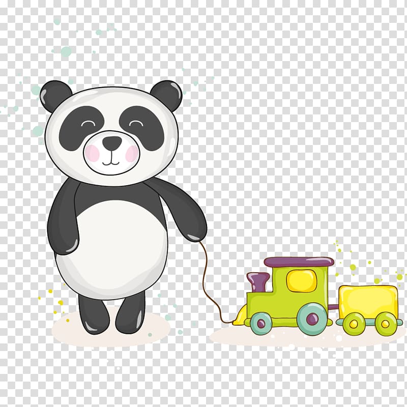 multicolored Panda holding train toy illustration, Giant panda Bear , Cartoon panda transparent background PNG clipart