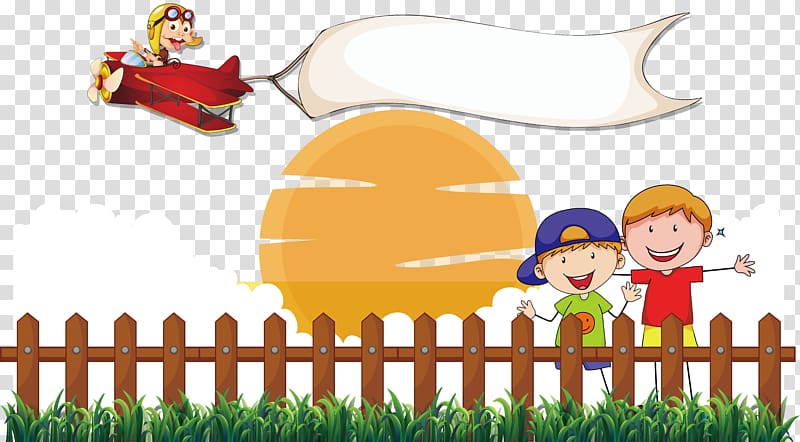 two boys standing near wood fence under jetplane illustration, Fence Cartoon Illustration, Cartoon Children transparent background PNG clipart