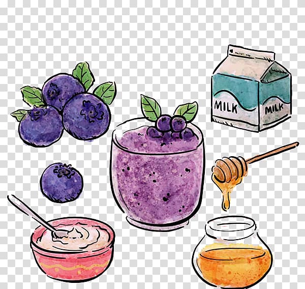 Smoothie Milkshake Muffin Blueberry, Milk honey and blueberry arbutin flat hand drawing transparent background PNG clipart