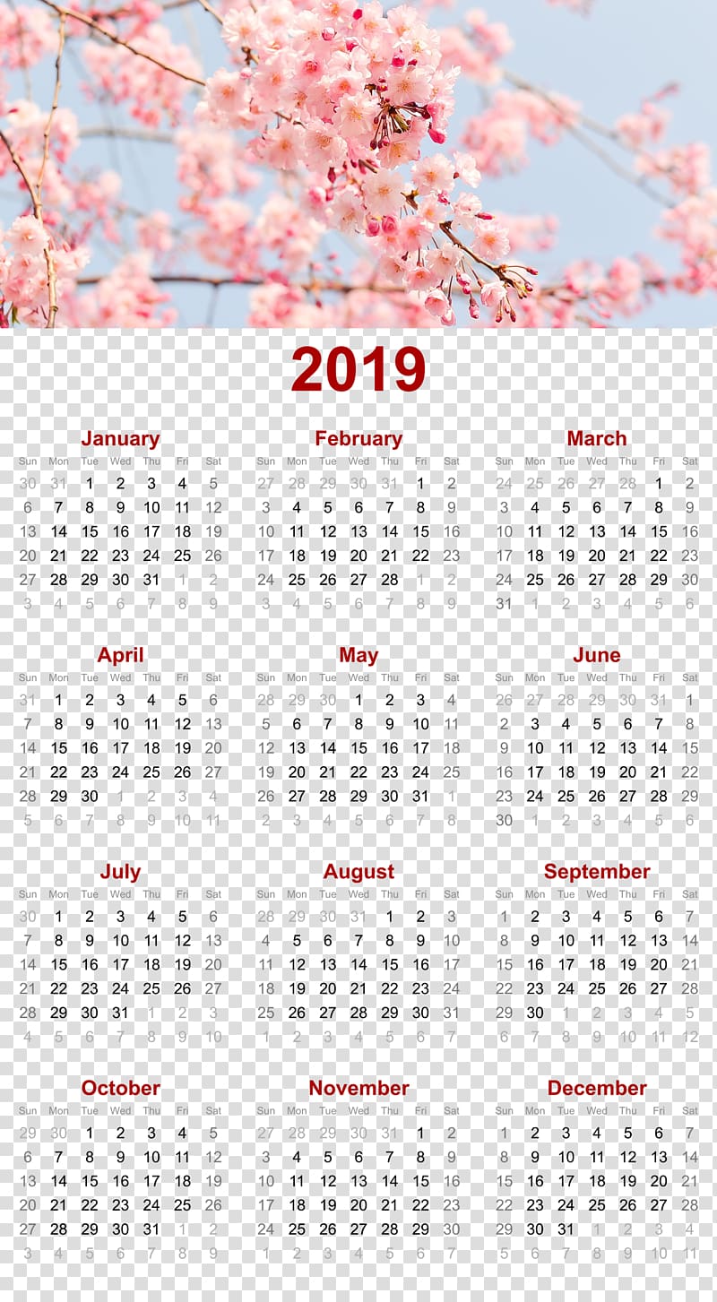 2019 printable calendar, cherry tree design., others transparent background PNG clipart