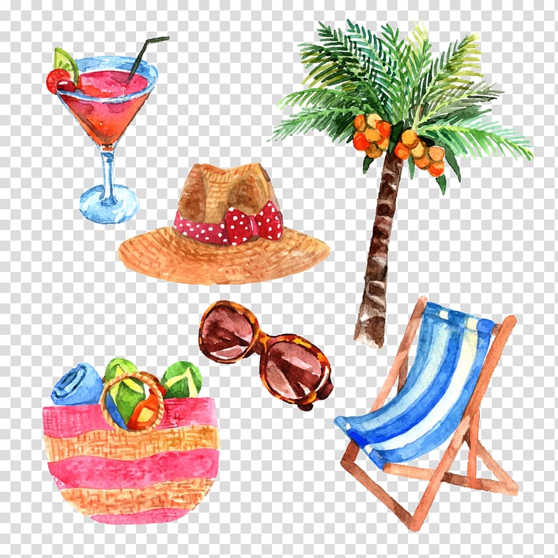 vacations items illustration, Watercolor painting Travel Illustration, Summer travel theme watercolor transparent background PNG clipart