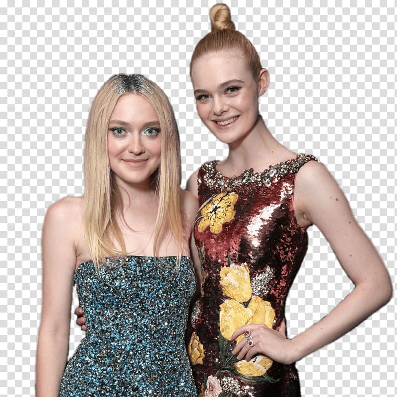 two woman wearing red and teal dresses, Elle Fanning and Sister Dakota transparent background PNG clipart
