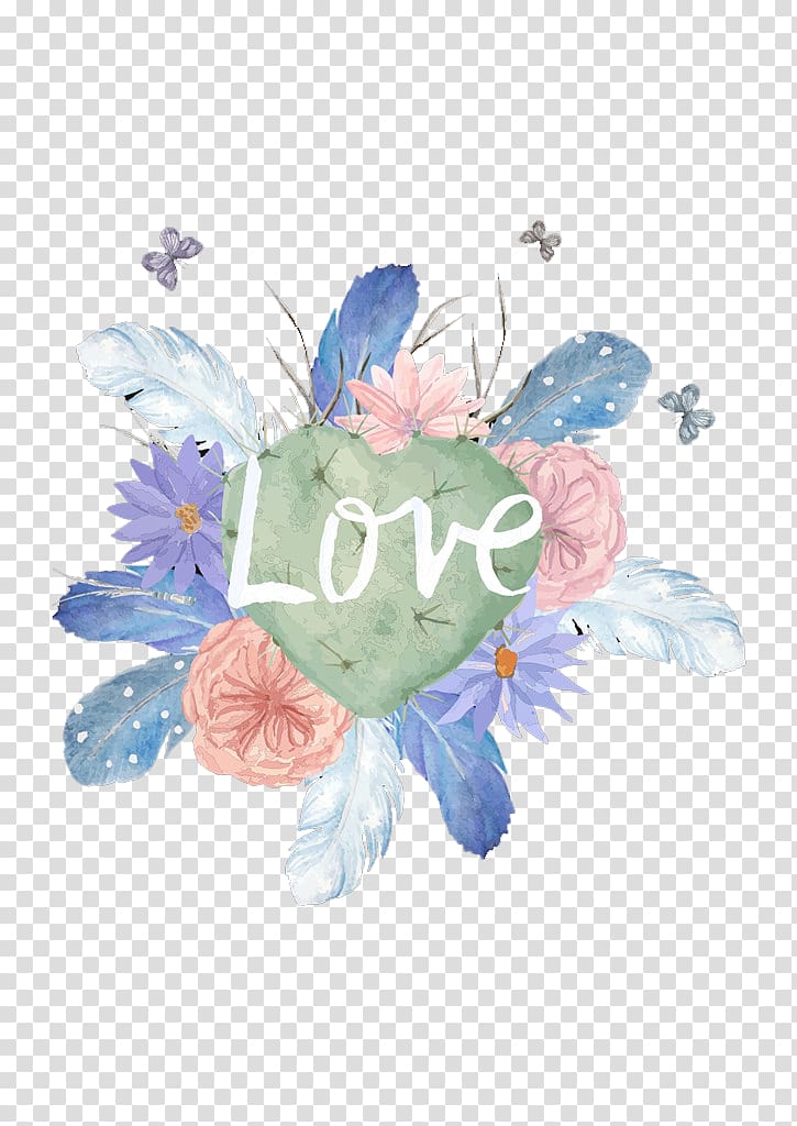 multicolored flower Love text illustration, Watercolour Flowers Floral design Watercolor painting Cactaceae, Flowers feathers transparent background PNG clipart