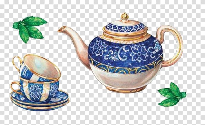 beige and blue teapot illustration, Teapot Coffee Teacup Decoupage, Tea cup transparent background PNG clipart