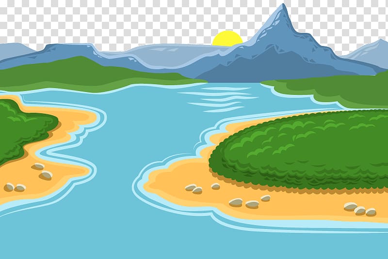 island, body of water, and mountains illustration, Euclidean River Computer file, Cartoon valley landscape material transparent background PNG clipart
