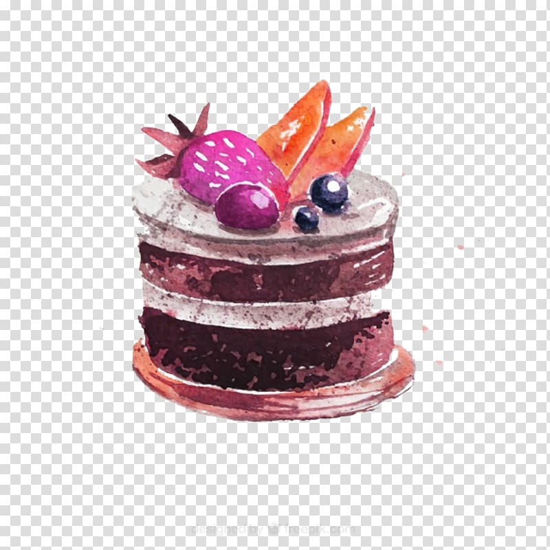 round chocolate cake , Cupcake Chocolate cake Bakery Watercolor painting , Black Forest Cake material transparent background PNG clipart