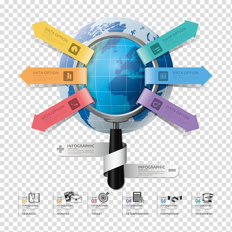 Infographic Diagram Chart Business, magnifying glass globe and arrows transparent background PNG clipart