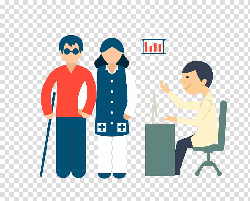 woman with blind man standing near man sitting in front of computer illustration, Health Care Cartoon Hospital Doctor's visit, simple graphic patient visits doctor transparent background PNG clipart