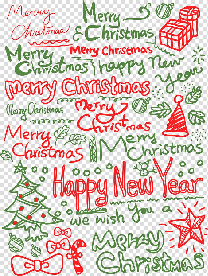 Merry Christmas Happy New Year text art, Christmas tree English Letter New Year, Green christmas background transparent background PNG clipart