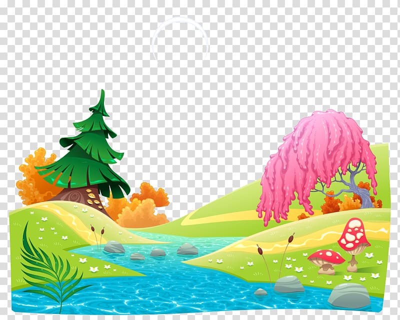 pine tree near river , Castle Cartoon Illustration, Cartoon fairy tale world transparent background PNG clipart