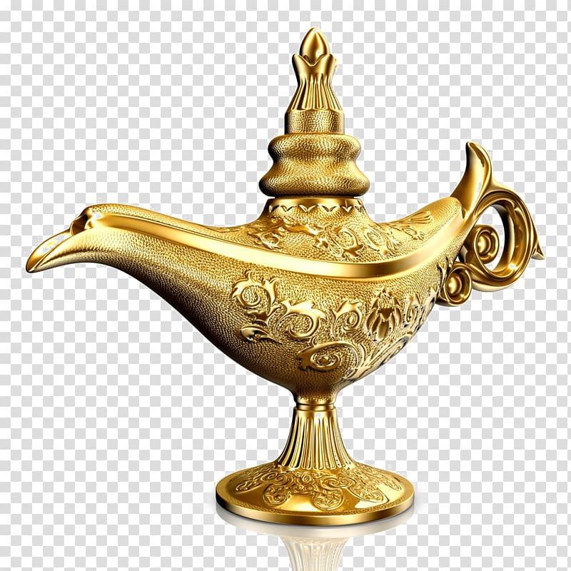 gold embossed floral jennie pot, Genie Aladdin One Thousand and One Nights Oil lamp, islam moon transparent background PNG clipart