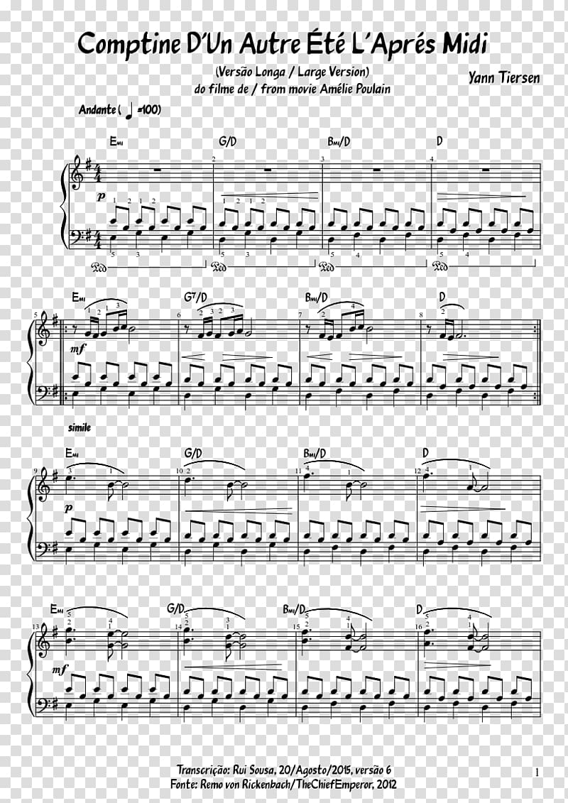 Sheet Music Amélie Comptine D'un Autre été Piano Symphony No. 7, Musical sheet transparent background PNG clipart