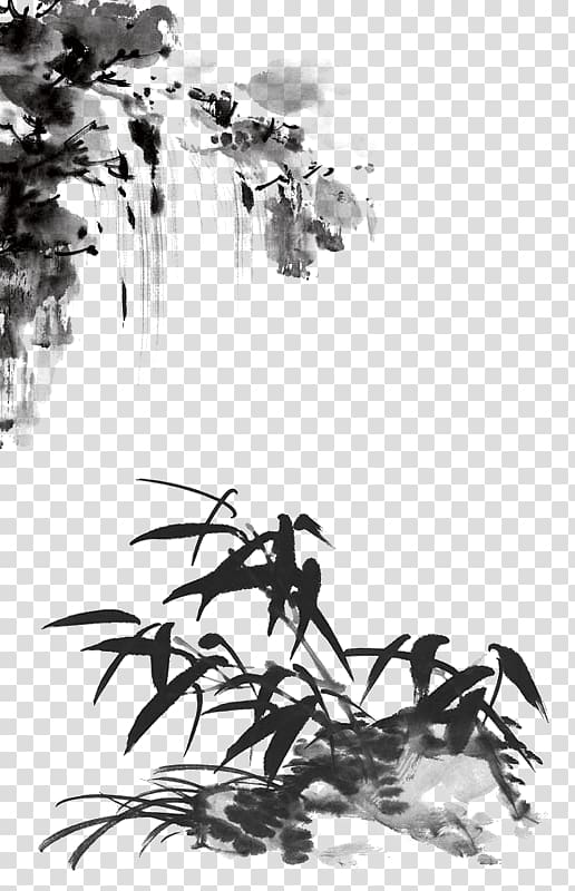 black bamboo grass illustration, China Drawing Ink wash painting Illustration, Chinese ink, Chinese wind, mountain waterfalls and orchids transparent background PNG clipart