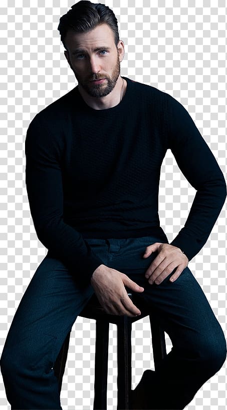 man in black sweatshirt sitting on black stool chair, Chris Evans Captain America: The Winter Soldier, Chris Evans transparent background PNG clipart