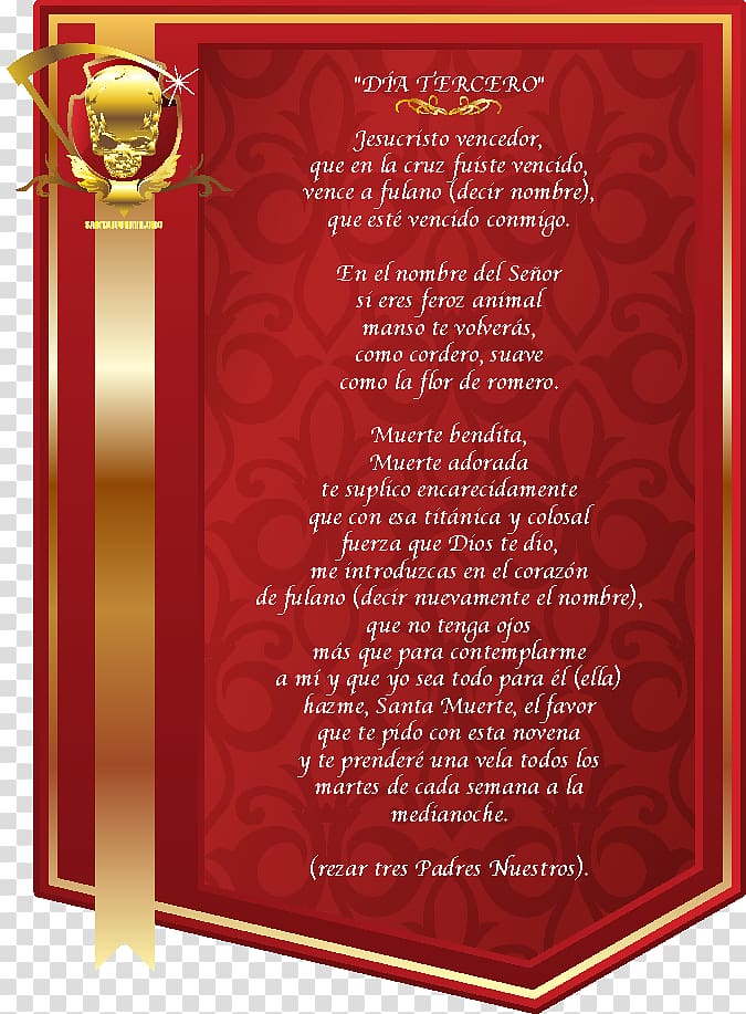 Oracion Poderosa Santa Muerte Amarre de amor Prayer Love, santa muerte transparent background PNG clipart