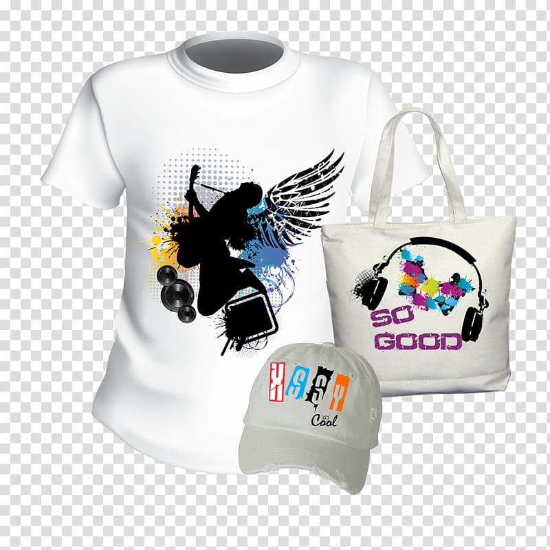 white and black crew-neck T-shirt with tote bag and cap , Dye-sublimation printer Printing Advertising, printing transparent background PNG clipart