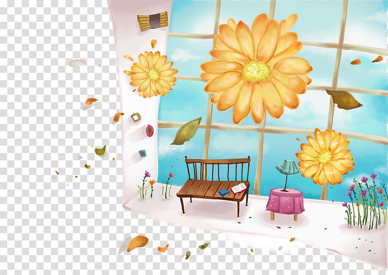 Window Chair, Sunflowers on the windowsill transparent background PNG clipart