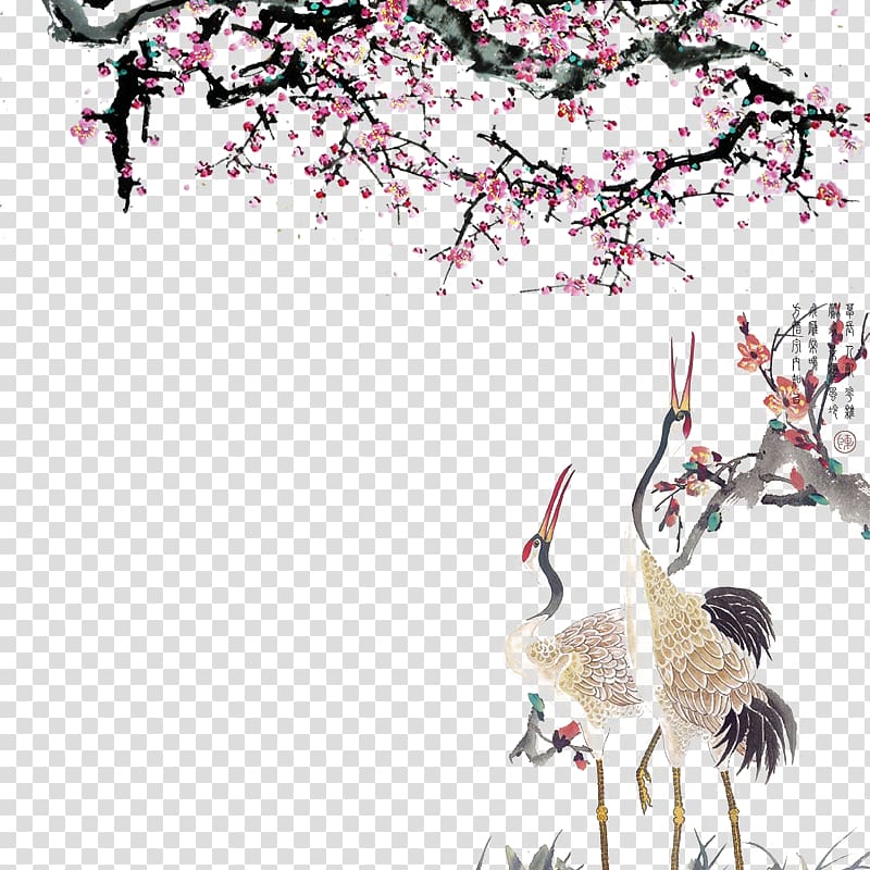 two gray-and-black birds under cherry blossom , Crane Cherry blossom Peach, Red Crowned Crane under ink and wash peach blossoms transparent background PNG clipart