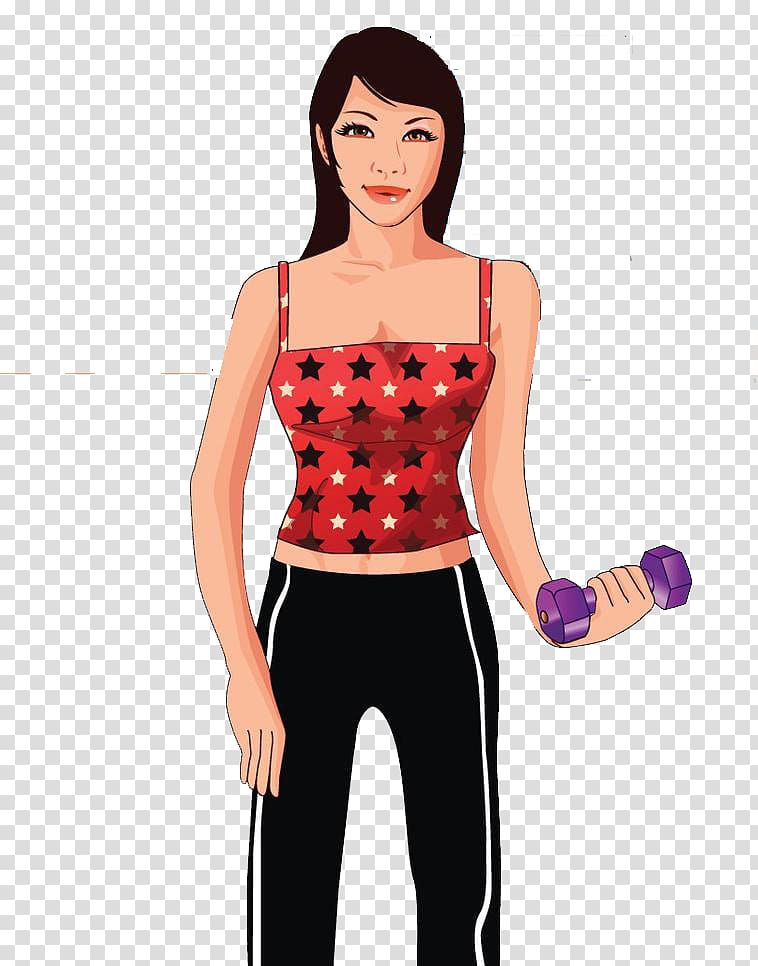 Dumbbell Cartoon, Fitness girl transparent background PNG clipart
