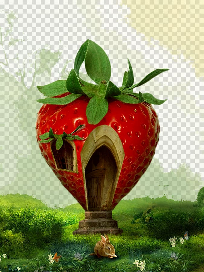 Strawberry Fruit, Cute cartoon strawberry house background transparent background PNG clipart