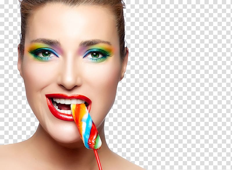 Lollipop Cosmetics Woman, Pretty woman and candy transparent background PNG clipart