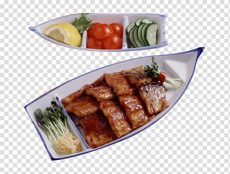 Barbecue Fish Dish, A partition of fish on a plate transparent background PNG clipart