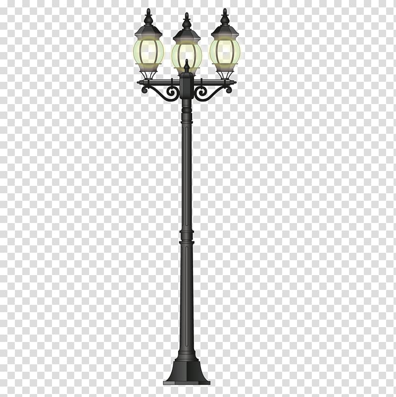LED street light Lamp, Beautiful street light, black wrought iron 3-light lamp post transparent background PNG clipart