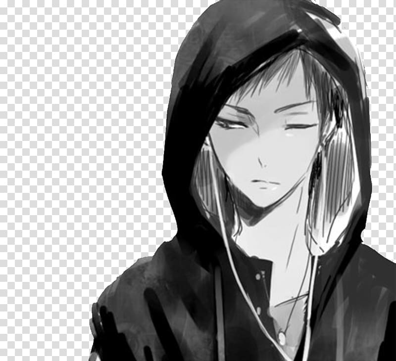 grayscale sketch of man with earrings, Anime Hoodie Drawing Male, Manga boy transparent background PNG clipart