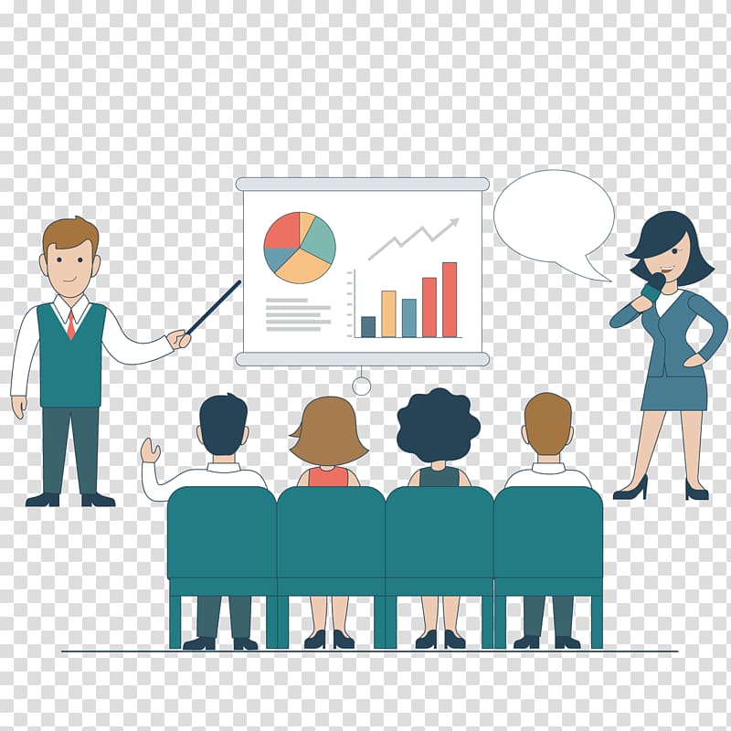 four person sitting on chair in front of chart illustration, Meeting , Meeting to explain transparent background PNG clipart