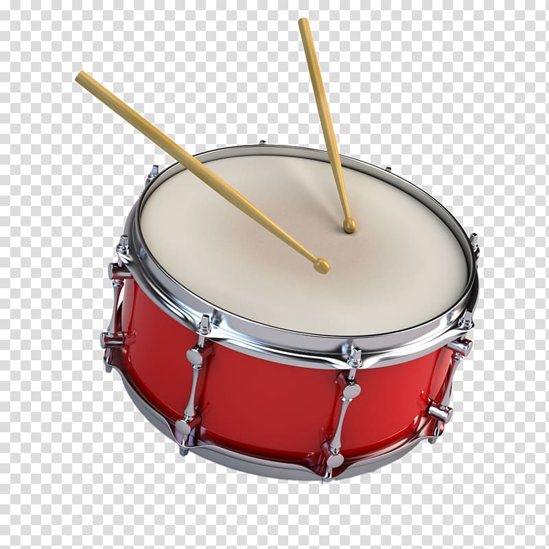 red and white snare drum and beige drumsticks, A snare drum etiquette transparent background PNG clipart