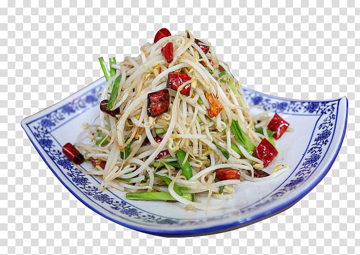 Chow mein Green papaya salad Chinese noodles Fried noodles Thai cuisine, Garlic spicy beans transparent background PNG clipart