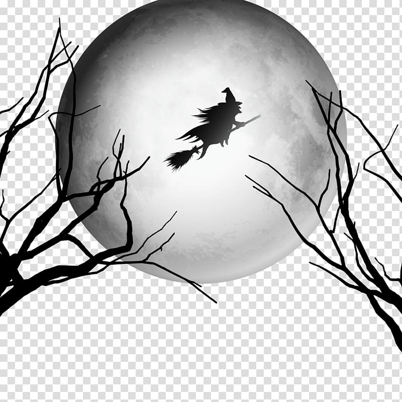 witch and trees illustration, Halloween Witchcraft Party, witch flying in the night sky transparent background PNG clipart