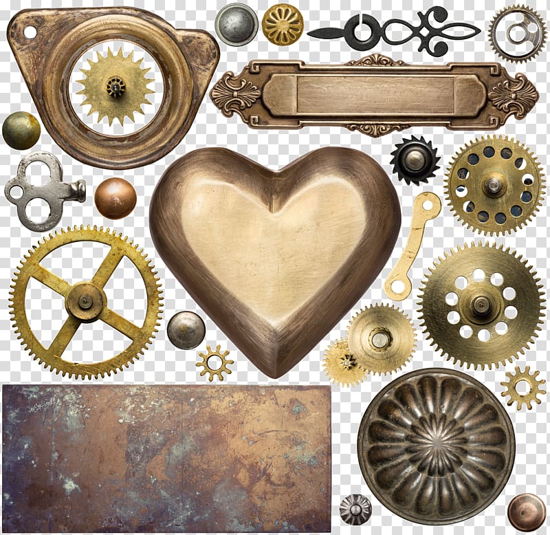 brass-colored gear and plates, Metal Steampunk Gear Clockwork, Mechanical metal gear parts collection transparent background PNG clipart