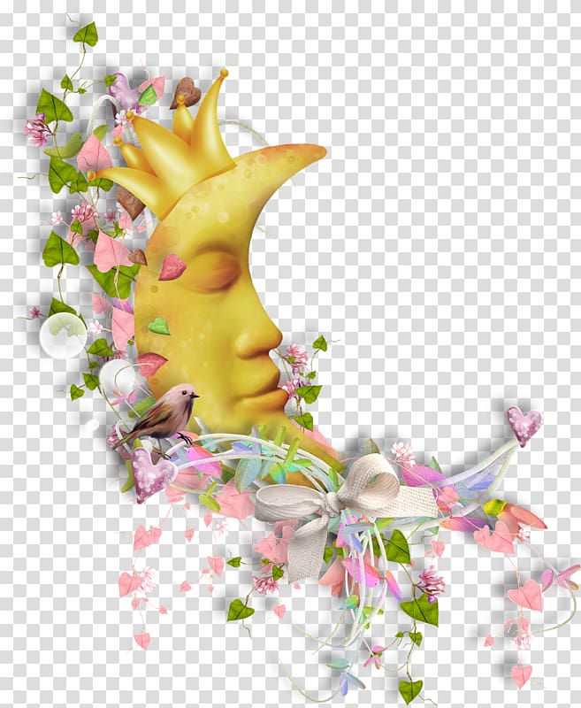 crescent moon painted ,sleeping in the crescent flower vine transparent background PNG clipart