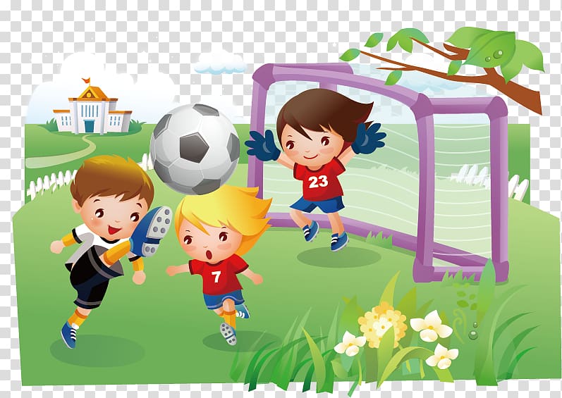 three boys playing soccer illustration, Children\'s cartoon material transparent background PNG clipart