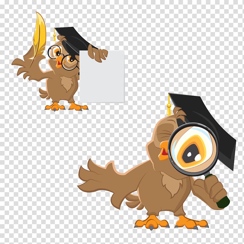 two brown owls holding magnifying glass and paper illustration, Owl Diploma Illustration, Owl clip 3 transparent background PNG clipart