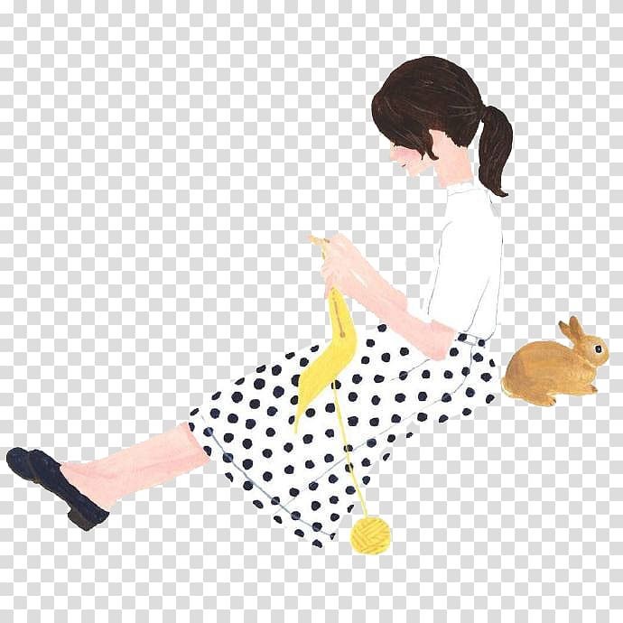 Printmaking Knitting Art Illustration, Bunny and Girl transparent background PNG clipart