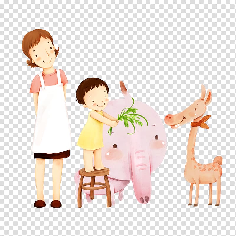 Cartoon Illustration, Mother and child affection interaction transparent background PNG clipart