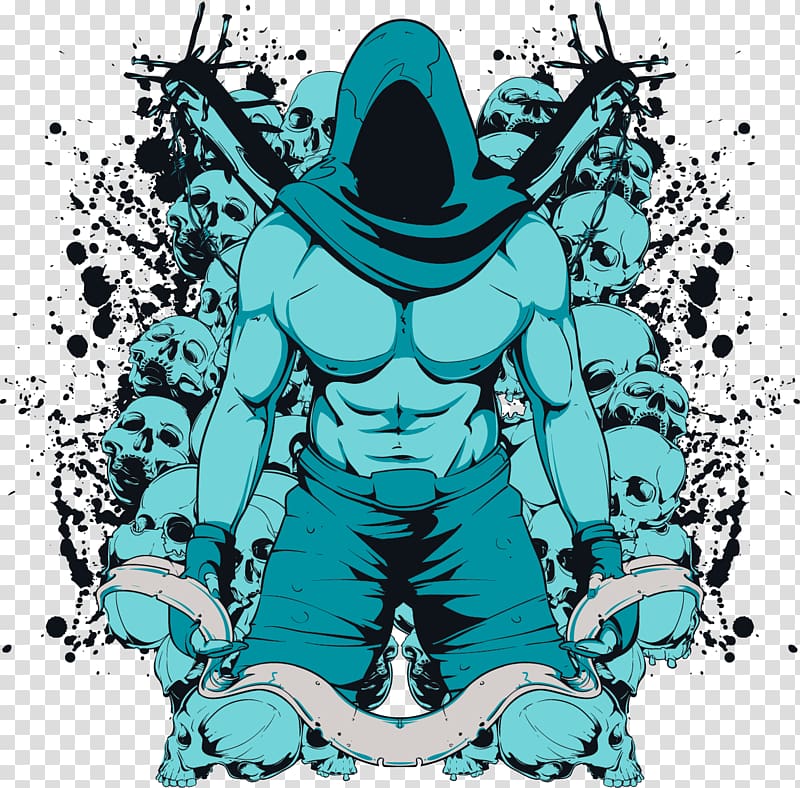 corpses and hooded person , T-shirt Mixed martial arts Graffiti Poster, Hand-painted warrior with skull transparent background PNG clipart