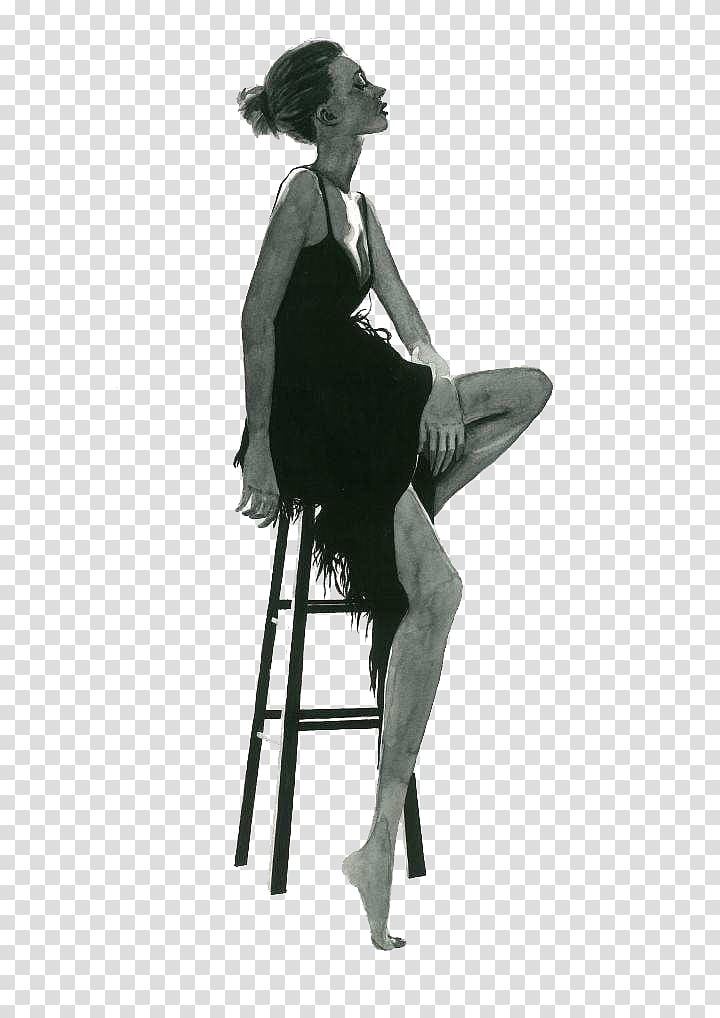 woman sitting on stool sketch, Information Girl, Black watercolor sad girl transparent background PNG clipart