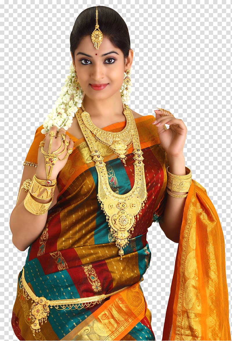 woman wearing gold-colored accessories and orange sari dress, Jewellery Jewelry model Display resolution, Jewellery Model File transparent background PNG clipart
