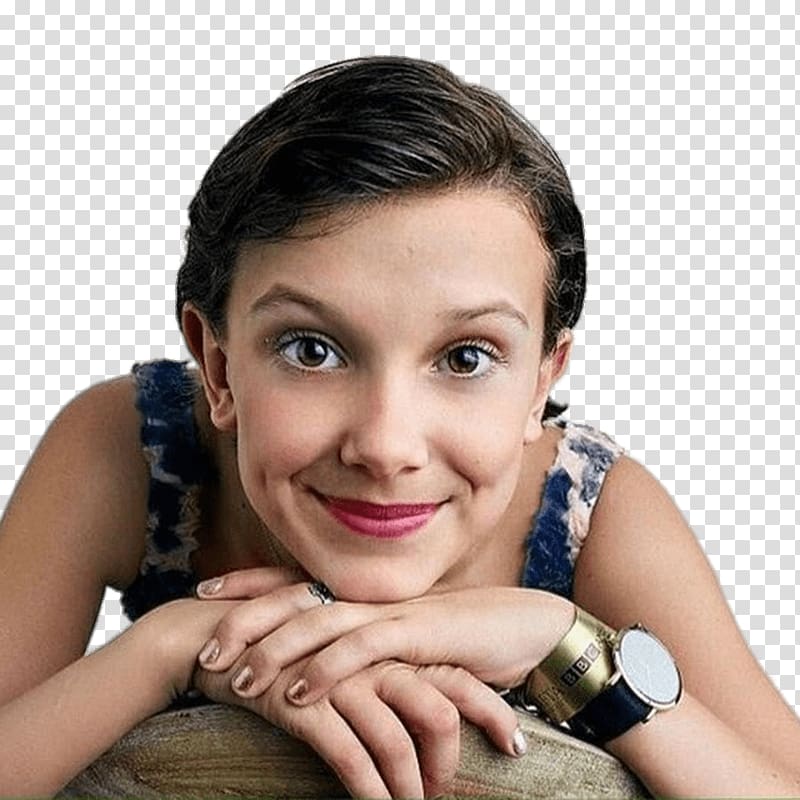 girl on brown fabric surface close-up , Millie Bobby Brown Posing transparent background PNG clipart