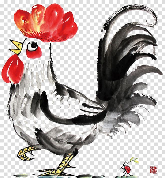 Plymouth Rock chicken Rooster Ink wash painting Illustration, Ink cock transparent background PNG clipart