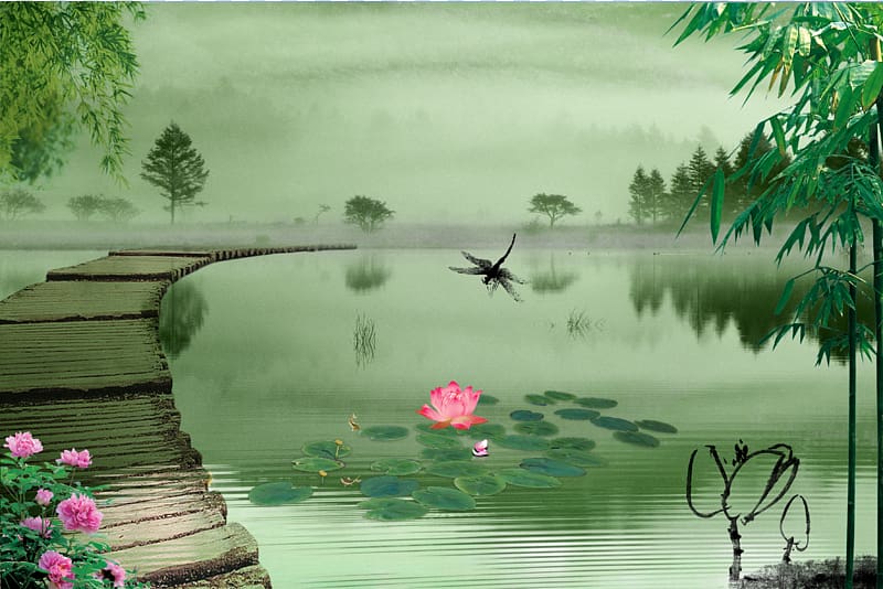 pink lotus flower on water beside dock, Fukei Chinese painting, Hawthorn Jiang Jingsu wood background transparent background PNG clipart